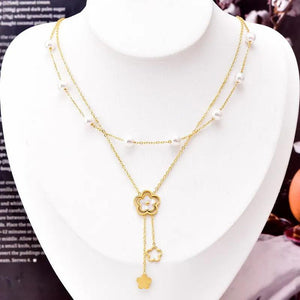 Layered Pearl Necklace Four Leaf Flower Pendant Stainless Steel Jewelry