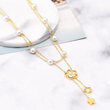 Layered Pearl Necklace Four Leaf Flower Pendant Stainless Steel Jewelry