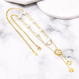 Layered Pearl Necklace Four Leaf Flower Pendant Stainless Steel Jewelry