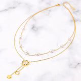 Layered Pearl Necklace Four Leaf Flower Pendant Stainless Steel Jewelry