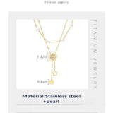 Layered Pearl Necklace Four Leaf Flower Pendant Stainless Steel Jewelry