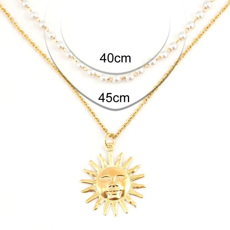 Summer Pearl Layered Necklace Sun Necklace Stainless Steel Choker