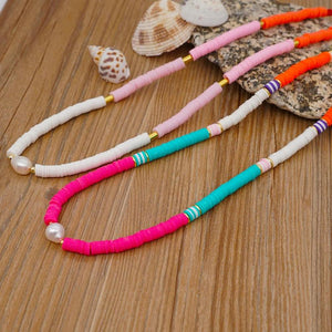 Colorful Boho Heishi Beads Choker Necklace with Freshwater Pearl for Women