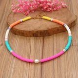 Colorful Boho Heishi Beads Choker Necklace with Freshwater Pearl for Women