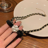 Camellia Necklace Choker Leather Neckchain Jewelry