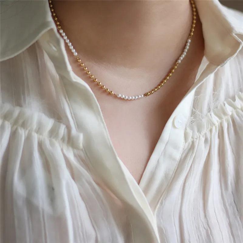 18K Korea INS Bead Stitching Pearl Necklace for Women