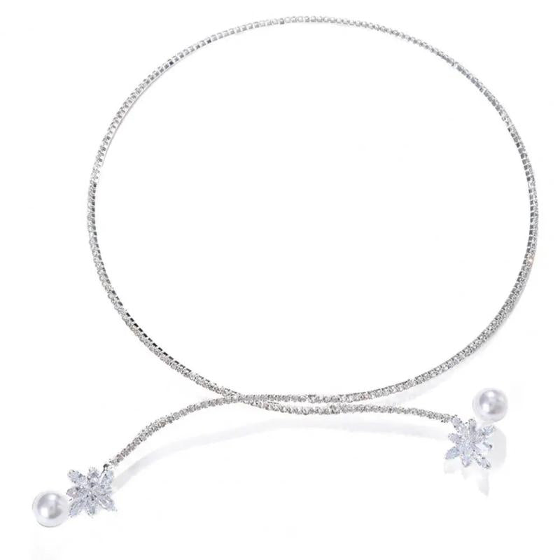 Retro Women Necklace Rhinestones Cubic Zirconia Flower Faux Pearls