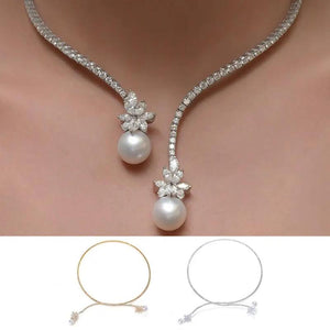 Retro Women Necklace Rhinestones Cubic Zirconia Flower Faux Pearls
