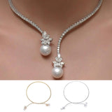 Retro Women Necklace Rhinestones Cubic Zirconia Flower Faux Pearls