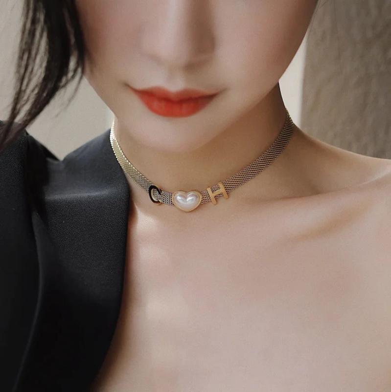 316L Stainless Steel Heart Pearl Charm Mesh Chain Choker Necklace for Women