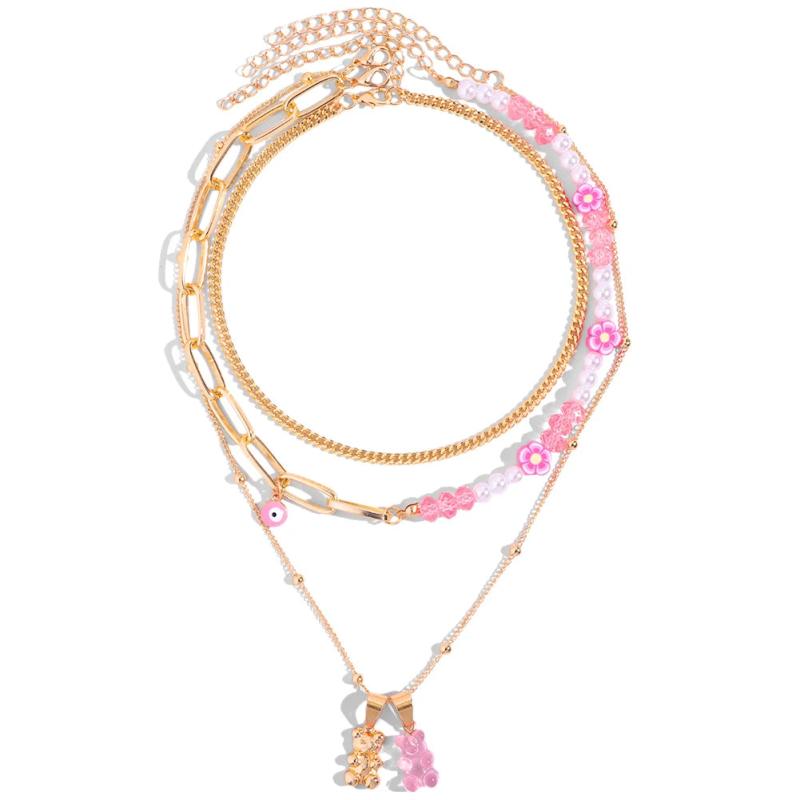 Pink Bear Flower Pearl Beaded Necklace Eye Chain Choker Jewelry