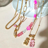 Pink Bear Flower Pearl Beaded Necklace Eye Chain Choker Jewelry