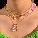 Pink Bear Flower Pearl Beaded Necklace Eye Chain Choker Jewelry