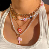 Pink Bear Flower Pearl Beaded Necklace Eye Chain Choker Jewelry