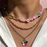 Pink Bear Flower Pearl Beaded Necklace Eye Chain Choker Jewelry