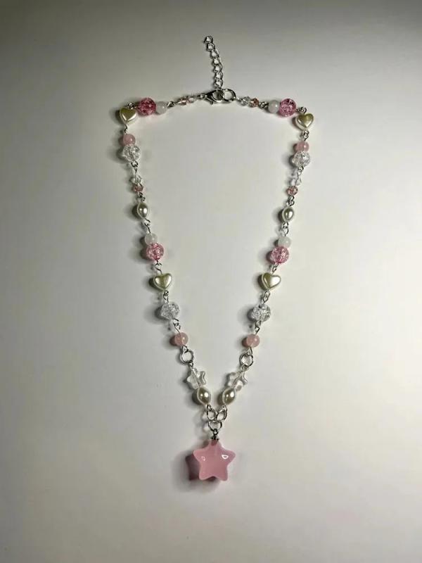 Pink Star Pearl Beaded Charm Necklace Jewelry Y2K