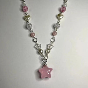 Pink Star Pearl Beaded Charm Necklace Jewelry Y2K