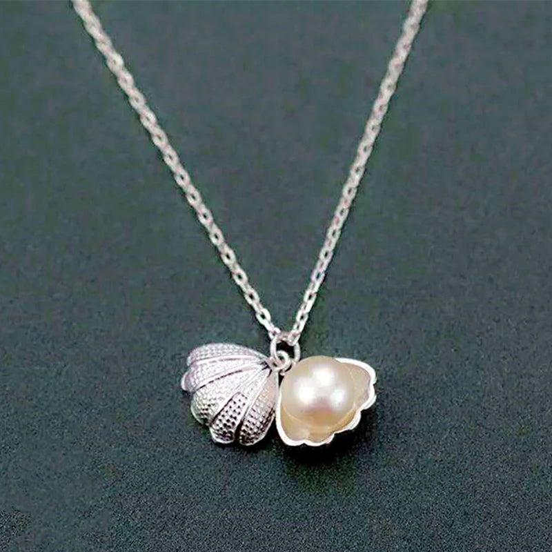 Foxanry Silver Pearl Necklace Open Shell Pendant Clavicle Chain Jewelry