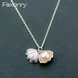 Foxanry Silver Pearl Necklace Open Shell Pendant Clavicle Chain Jewelry