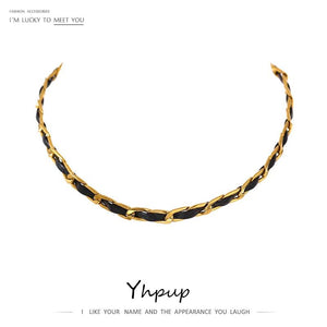 PU Leather Metal Collar Necklace Stainless Steel 18 K