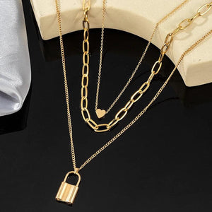 Vintage Multilayer Pendant Necklace Women Cross Pearl Heart Key lock Necklaces