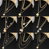 Vintage Multilayer Pendant Necklace Women Cross Pearl Heart Key lock Necklaces