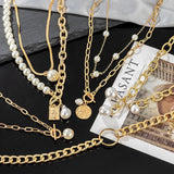 Vintage Multilayer Pendant Necklace Women Cross Pearl Heart Key lock Necklaces