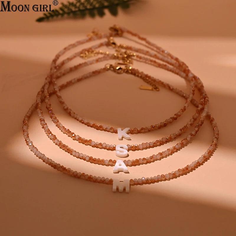 Stainless Steel Initial Necklace Crystal Mother of Pearl Letter Necklace