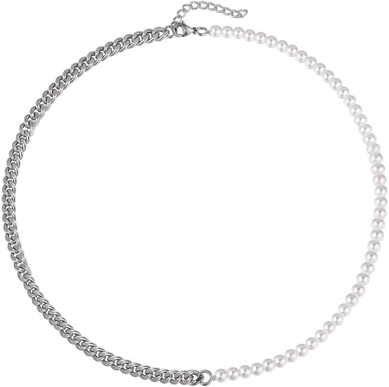 6mm Pearl Cuban Choker Chain Necklace Stainless Steel Unisex Jewelry