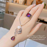 925 Silver AAAAA CZ Leopard Pearl Pendant Necklace & Ring Set