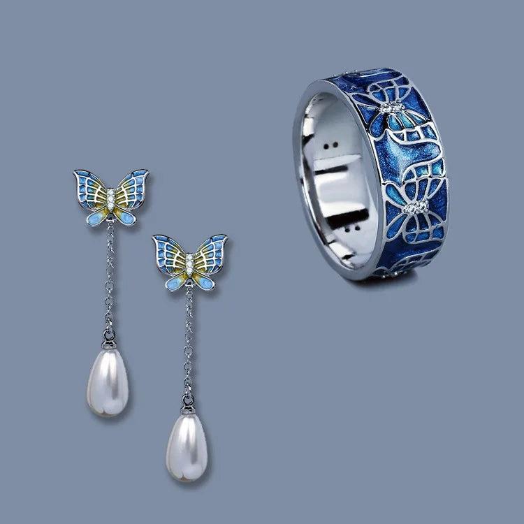 Vintage Artsy Butterfly Pearl Earrings Jewelry Set