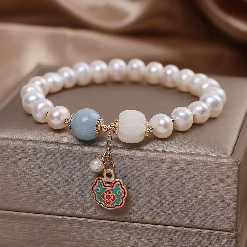Freshwater Pearl Bracelet Chinese Style Fortune Transfer Long-life Lock Pendant