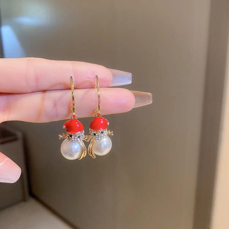 Snowman Red Pearl Earrings for Women Zircon Earrings Christmas Party Jewelry