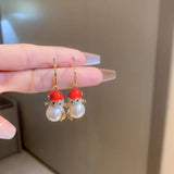 Snowman Red Pearl Earrings for Women Zircon Earrings Christmas Party Jewelry