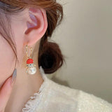 Snowman Red Pearl Earrings for Women Zircon Earrings Christmas Party Jewelry