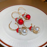 Snowman Red Pearl Earrings for Women Zircon Earrings Christmas Party Jewelry