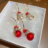Snowman Red Pearl Earrings for Women Zircon Earrings Christmas Party Jewelry