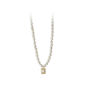 925 Silver Square Necklace Pearl Pendant Women Clavicle Chain