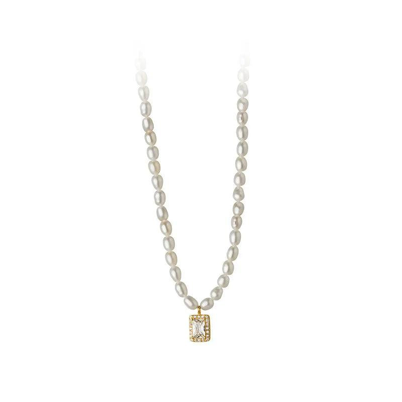 925 Silver Square Necklace Pearl Pendant Women Clavicle Chain
