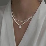 925 Silver Square Necklace Pearl Pendant Women Clavicle Chain