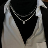925 Silver Square Necklace Pearl Pendant Women Clavicle Chain