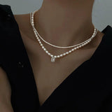 925 Silver Square Necklace Pearl Pendant Women Clavicle Chain