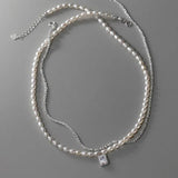 925 Silver Square Necklace Pearl Pendant Women Clavicle Chain