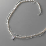 925 Silver Square Necklace Pearl Pendant Women Clavicle Chain
