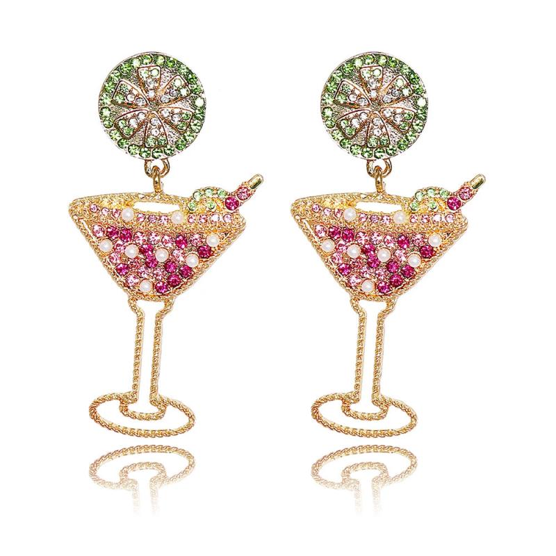 Crystal Pink Cocktail Glass Earrings High Dangle Rhinestone Pearl Earring