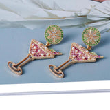 Crystal Pink Cocktail Glass Earrings High Dangle Rhinestone Pearl Earring