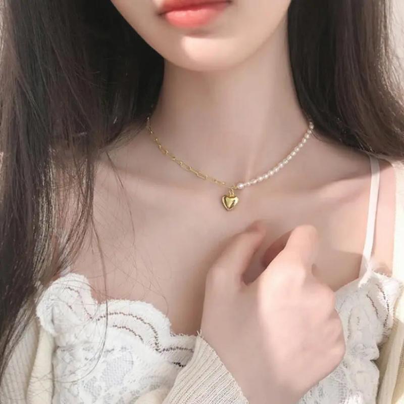 925 Silver Necklace Asymmetry Chain Pearls LOVE Heart