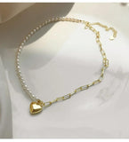 925 Silver Necklace Asymmetry Chain Pearls LOVE Heart