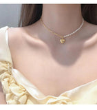 925 Silver Necklace Asymmetry Chain Pearls LOVE Heart