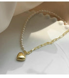 925 Silver Necklace Asymmetry Chain Pearls LOVE Heart